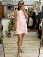 Çizgili Pembe  Diz  Üstü  Elbise