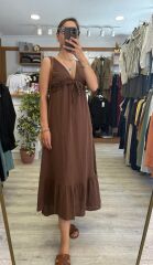 Kahverengi  Göğüs  Altı Bağlamalı Detaylı Sırtı Açık Uzun Elbise
