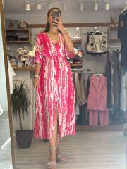 Nokta Detaylı Pembe Kruvaze Yarasa Kol Elbise