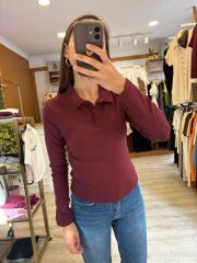 Polo Yaka Penye Uzun Kol Bordo Tişört