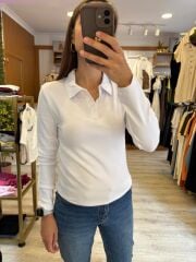 Polo Yaka Penye Uzun Kol Beyaz Tişört